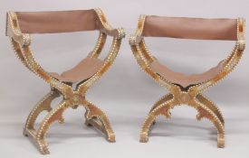 A PAIR OF 19TH CENTURY SPANISH - ISLAMIC MARKET INLAID CHAIRS, with fine parquetry decoration of