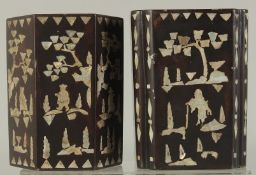 TWO CHINESE MOTHER OF PEARL INLAID BRUSH POTS.