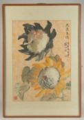 A CHINESE WATERCOLOUR INK PAINTING OF FLOWERS, inscribed and with three red seal marks, framed and