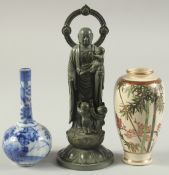 A JAPANESE SATSUMA VASE, together with a blue and white vase and metal buddhistic figure, (3).
