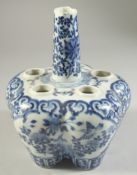 A CHINESE BLUE AND WHITE PORCELAIN VASE, with panels of birds and flora, (af), 21cm high.