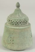 A FINE 12TH-13TH CENTURY PERSIAN SELJUK BRONZE LIDDED INCENSE BURNER, 14.5cm high.