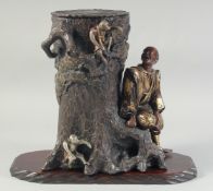 A LARGE AND FINE JAPANESE MEIJI PERIOD BRONZE AND MIXED METAL FIGURAL GROUP, formed as a tree base