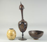 THREE KASHMIRI LACQUERED AND HAND-PAINTED ITEMS; including a signed bowl, (3).