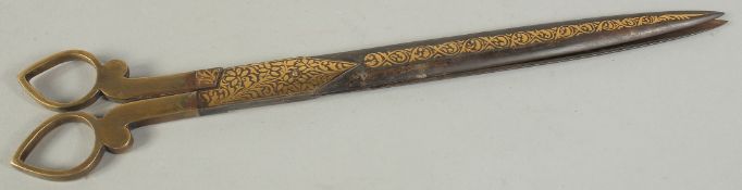 A PAIR OF OTTOMAN TURKISH GOLD INLAID SCISSORS, 25cm long.