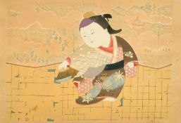 AN EARLY 20TH CENTURY JAPANESE WOODBLOCK PRINT, A figure with a landscape beyond, with an upper