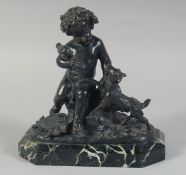 BOUCHER. A GOOD COLOUR BRONZE OF A CUPID WITH A DOG, with fruiting vines in a bowl. 6.5ins high on a