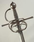 A ROBUST GERMAN RAPIER, 44in diamond section blade with single fuller indistinctly struck with