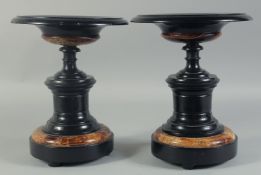 A GOOD PAIR OF BLACK MARBLE AND FLUORSPAR TAZZAS. 10ins high.