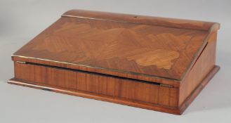 A GOOD 19TH CENTURY FRENCH KINGWOOD AND TULIP WOOD WRITING SLOPE with fold-over front in blue velvet