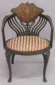 A VICTORIAN ROSEWOOD INLAID TUB ARMCHAIR with padded seats on curving legs.