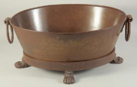 A METAL OVAL PLANTER with ring handles, on claw feet. 18ins high.