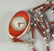 A PLO. JOUZ GENEVA SILVER AND RED ENAMEL OVAL WATCH on a chain.