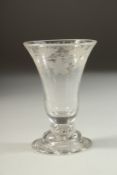 A GOOD SMALL 18TH CENTURY WINE GLASS with inverted bell bowl engraved with fruiting vines. 2.75ins