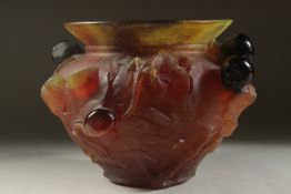 A SUPERB DAUM GREEN AND ORANGE FIG BOWL etched with leaves and figs in relief. Signed Daum,