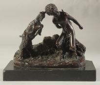 A GOOD BRONZE OF A BOY WITH A GOAT. 8 ins long, on a marble base.