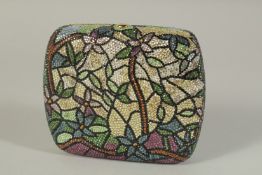 A JUDITH LEIBER OF NEW YORK GILT METAL AND COLOURED CRYSTALS EVENING BAG. 5ins long with long gilt