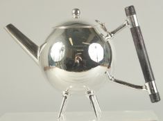 A CHRISTOPHER DRESSER DESIGN, SILVER PLATED, GLOBULAR SHAPED TEA POT.