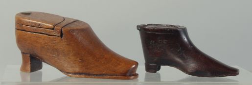 TWO TREEN SHOE SNUFF BOXES. 4ins & 3ins long.