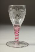 A GOOD SMALL JACOBEAN WINE GLASS, the bowl engraved with a rose and butterfly with pink and white