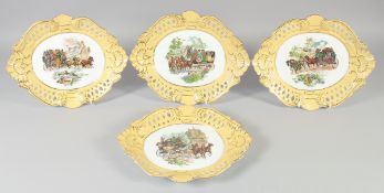 A SET OF FOUR CONTINENTAL YELLOW GROUND OVAL STAGECOACH DISHES. 12ins wide.