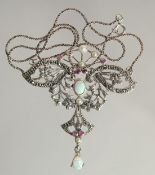 A SILVER NECKLACE WITH OPALS RUBY AND PEARL.