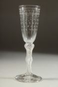 A GOOD 18TH CENTURY ENGLISH WINE GLASS the bowl engraved with stars, with air twist stem. 7.5ins