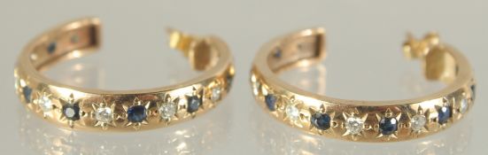 A GOOD PAIR OF GOLD, SAPPHIRE AND DIAMOND HOOP EARRINGS.