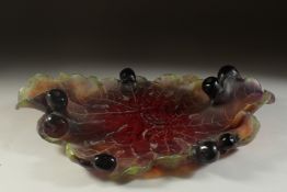 A SUPERB DAUM GREEN AND ORANGE LEAF DISH etched with leaves and figs in relief. Signed Daum, France.