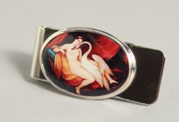 A SILVER AND ENAMEL LADY AND THE SWAN MONEY CLIP.
