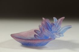A SMALL DAUM BLUE GLASS FLOWERS AND LEAF. Signed, Daum, France. 3.25ins in original box.