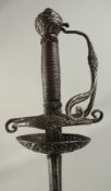 AN ENGLISH DISH HILTED RAPIER, slender diamond section 42in blade with single narrow fuller stamped