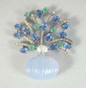 A GOOD MOON STONE, DIAMOND AD EMERALD SPRAY BROOCH.