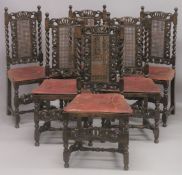 A GOOD SET OF SIX CAROLEON STYLE OAK SINGLE CHAIRS with cane work back and seats and barley twist