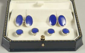 A STERLING SILVER AND LAPIS STUD AND CUFFLINK SET.