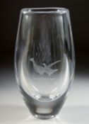 AN ORREFORS GLASS VASE with pheasants. 9.5ins high.