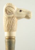 A WALKING STICK with carved bone handle, 'RAM'.