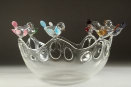 MASSIMO LUNARDON for DIOR. A DELICATE BLOWN GLASS BOWL with seven colourful birds.