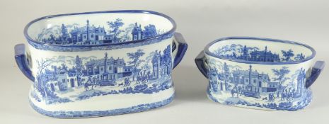 TWO BLUE AND WHITE PORCELAIN FOOT BATHS. 17ins & 12ins wide.