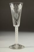 A GOOD 18TH CENTURY ENGLISH WINE GLASS with tapering bowl, engraved with hops, with white twist