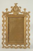 A GOOD GILDED BRONZE EASEL PHOTOGRAPH FRAME with classical bust, scrolls and foliage. 1ft 3ins