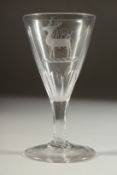 A GOOD 18TH CENTURY ENGLISH WINE GLASS with tapering bowl, engraved with a stag. 4.5ins high.