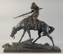 EDOUARD DROUOT (1859-1945). CAVELIER INDIAN ON HORSEBACK, LOOKING FOR BUFFALO. Signed, E.Drouot,