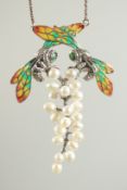 A SILVER ART NOUVEAU STYLE PEARL AND ENAMEL BROOCH.