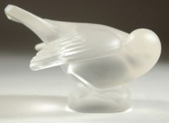 A LALIQUE FROSTED GLASS BIRD. Etched Lalique, France and Crystal Lalique label. 4ins high.