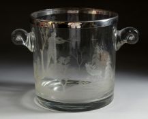 A GOOD CONTINENTAL GLASS ICE BUCKET engraved with a deer with plated rim. 7ins diameter.