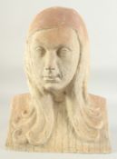 MARY STOURTON AN ART DECO TERRA COTTA BUST OF A YOUNG GIRL with long hair. Signed, Mary Stourton.