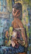 Modern School, circa 1970, a portrait of a female figure playing a violin, oil on canvas,