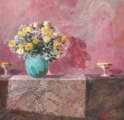 Petru Galis, Still life of flowers in a bowl on a ledge, acrylic on card, signed, inscription verso,