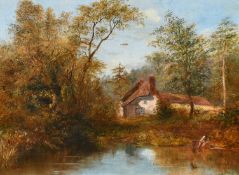 Henry Harris, A view of a cottage surrounded by trees with a figure collecting water from the river,